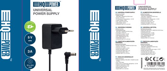 HQ-Power Adaptateur électrique universel, 12 VDC, 0,5 A, 6 W, prise DC 5,5 x 2,1 mm, noir