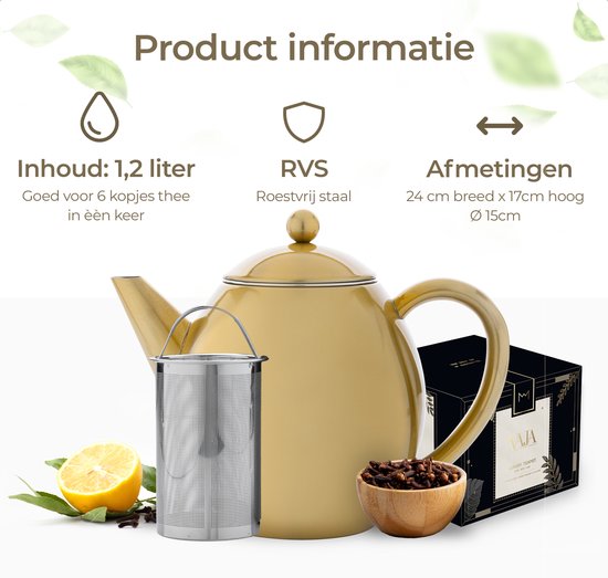 Vaja® Théière Valérie Gold - Double paroi - 1,2 litre - Théière en acier inoxydable avec filtre et porte-bouilloire