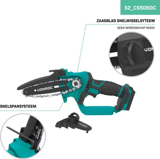 VONROC Mini tronçonneuse 20V - 152mm - Incluant 2x 2.0Ah batteries et chargeur rapide