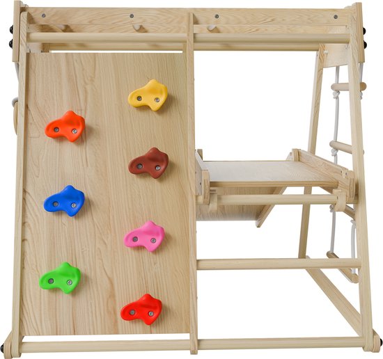Juskys - Cadre d'escalade d'intérieur pour enfants - 102 x 98 x 100 cm & avec toboggan et mur d'escalade - équipé d'anneaux tournants et d'une échelle de corde - pliable et autoportant - bois naturel et fourré