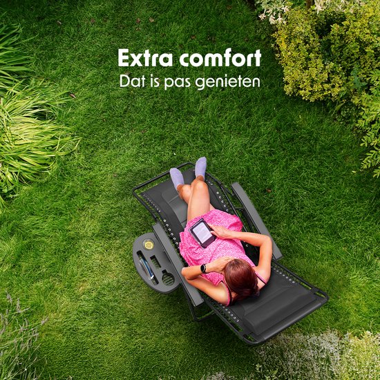 LifeGoods Lounger Comfort - pliable - réglable de 30° à 90° - support pour gobelets et téléphone - chaise de jardin - noir