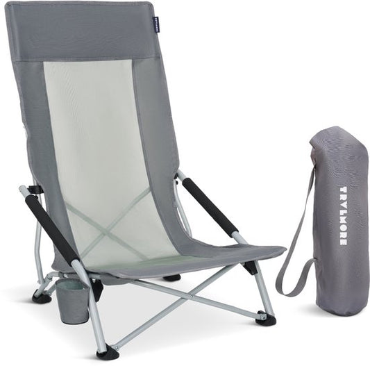 TRVLMORE Chaise de plage - pliable et démontable - capacité de charge de 130 kg - légère - avec sac de transport et porte-gobelet - dossier haut - gris