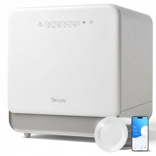 Mini lave-vaisselle à poser Skoov - 43 x 45 x 46 cm & 900 watts - Avec 6 programmes et une consommation d'eau de 5 litres - Pour les studios de camping et les petites cuisines - Plastique blanc et métal