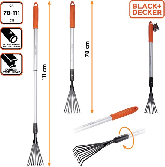 BLACK+DECKER Râteau - Râteau de jardin télescopique - manche extensible de 78 à 111 CM - Râteau à feuilles - Outils de jardin Manche en aluminium et tête en acier carbone - Inox - Argent/Noir
