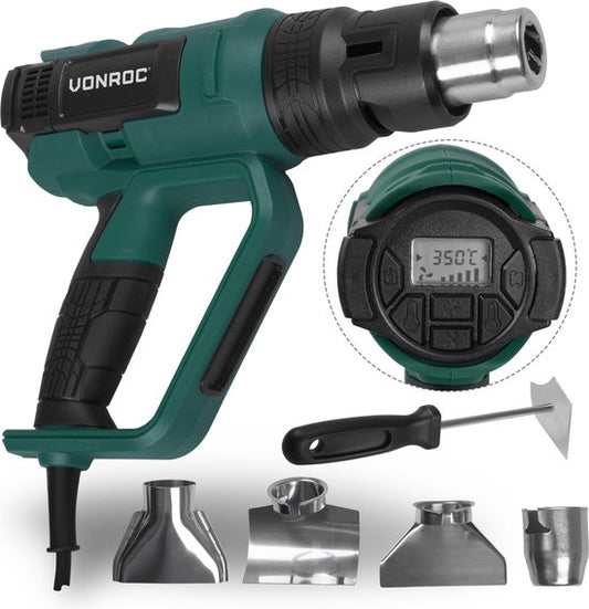 VONROC PRO Pistolet à air chaud - 2000W - Ecran LCD - 650°C - 500L/min - Accessoires inclus