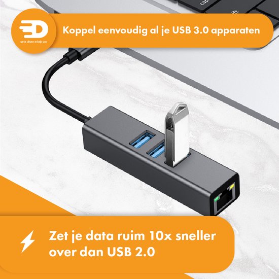 Drivv. Adaptateur USB C vers Ethernet avec 3 ports USB 3.0 - 100/1000 MBps - Adaptateur Internet - Adaptateur réseau