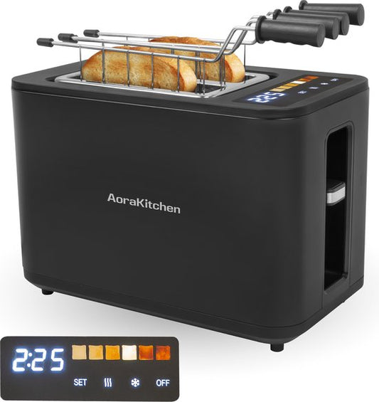 AoraKitchen Grille-pain avec pinces chauffantes - 6 niveaux de chaleur - écran LED - grille-pain - minuterie - noir