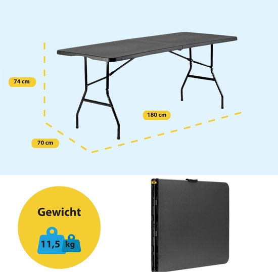 BRASQ Table pliante pliable noire - 180x70x74cm- Table de camping - Table pliante - Résistante aux intempéries - Table avec poignée de transport