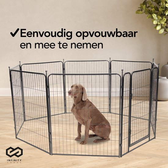 Infinity Goods Dog Run - Parc à chiots - 8 panneaux - 80 x 80 CM - 640 CM de circonférence - pliable - avec porte - acier - noir