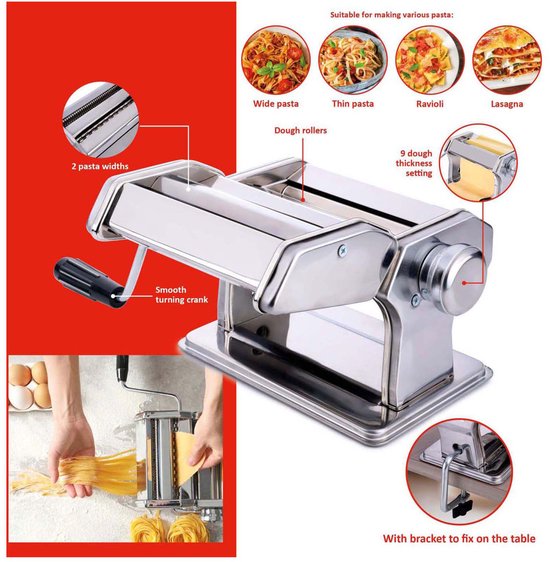 alpina Pasta maker Manual - acier inoxydable - pince de table - Spaghetti, Ravioli, Lasagne