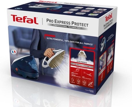 Tefal Pro Express Protect GV9221 - Générateur de vapeur - 2600W - 7.6 Bar de pression de vapeur - 550 g/min de vapeur - semelle de repassage Durilium AirGlide - réservoir d'eau détachable de 1.8L - arrêt automatique - système anti-calcaire - puissant, eff