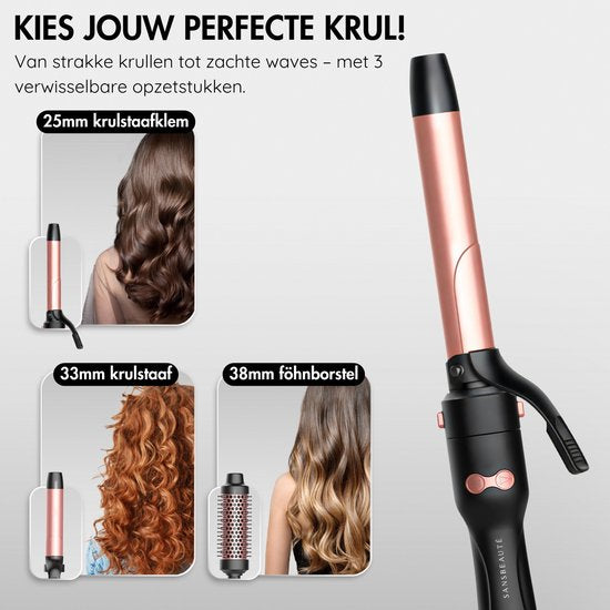 Sansbeauté® 3 en 1 Fer à boucler automatique avec pince - Fer à boucler en céramique - 25mm à 38mm - Beach Waves - Wavy Hair - Curlers 33 38 mm 25 mm - Blowout Brush - Hair Styler - Hair Curler - Crimper fin et épais - Fer à boucler cheveux courts