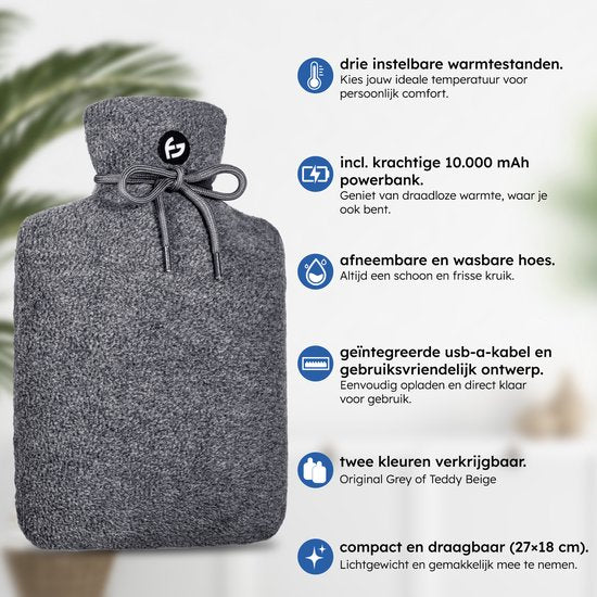 Carafe électrique - 3 réglages - Carafe - 10 000 mAh Powerbank - Manche lavable - Carafe rechargeable - Gris original - Saaf Comfort