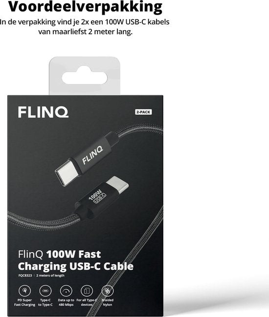 FlinQ - 2x USB C to USB C Cable 100W - Chargeur rapide pour Smartphone, Tablette - Câble de données et chargeur - Câble de charge en nylon de 2 mètres de long