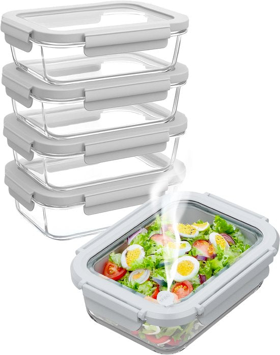 Nord Kitchen Preserving Trays Set - with Glass Steam Lid - Meal Prep Trays - Freezer Trays Full Glass - Airtight - 5 Pieces - 1040 ML