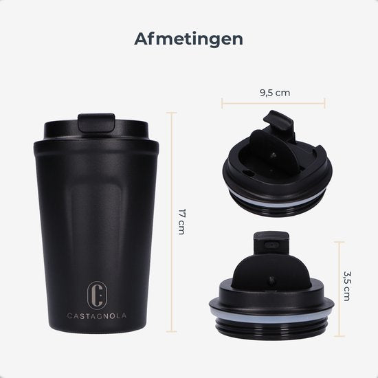 Mug thermos Castagnola - Tasse à café à emporter - Mug de voyage pour le café et le thé - Mug à thé - 380 ML - acier inoxydable - Noir