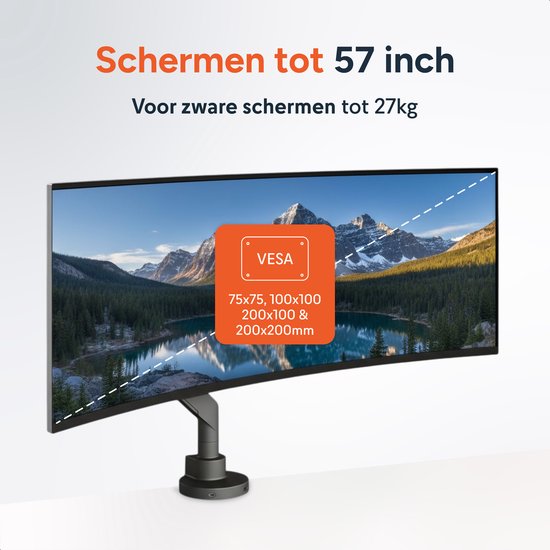 Skoov Bras pour écran avec vérin à gaz - Pour 13 à 57 pouces - Capacité de charge de 27KG - Ecran large - Support pour 1 écran - Moniteur - Support - Support - Extra stable - Noir