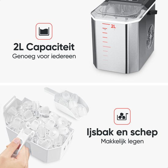 Kitchenwell Machine à glaçons - 1.3L - Machine à glaçons - Cuillère à glaçons - 12kg/24 heures - Portable - Fonction auto-nettoyante - acier inoxydable