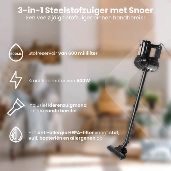 Nexxt 3-in-1 Aspirateur filaire avec manche télescopique et aspirateur à main - Aspirateur à manche extensible avec technologie cyclonique - Filtre HEPA - 600 watts