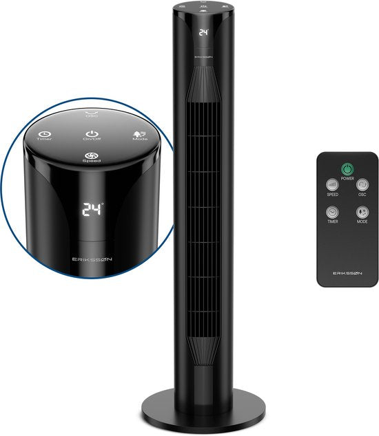 Ventilateur de tour Erikssøn - Silent Comfort Series - Ventilateur sur pied avec télécommande - Minuterie - 3 vitesses - 55W - 39 dB - 106cm - Efficace sur le plan énergétique - Ventilateur de refroidissement pour la pièce - Noir