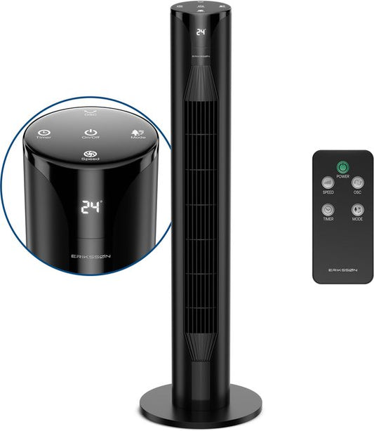 Ventilateur de tour Erikssøn - Silent Comfort Series - Ventilateur sur pied avec télécommande - Minuterie - 3 vitesses - 55W - 39 dB - 106cm - Efficace sur le plan énergétique - Ventilateur de refroidissement pour la pièce - Noir
