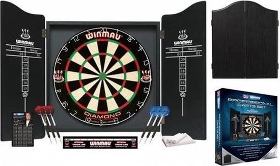 WINMAU - Jeu de fléchettes professionnel avec plateau de fléchettes Diamond Plus Bristle, cabinet noir, avec 2 jeux de fléchettes et ligne d'oche officielle