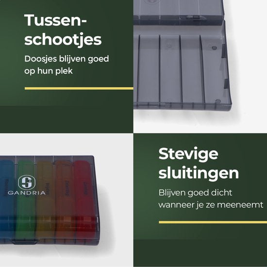 Pilulier Gandria 7 jours - Pilulier amovible - Boîte à médicaments avec 21 compartiments - Boîte à médicaments avec fermeture solide - 3 compartiments par jour - 7 couleurs