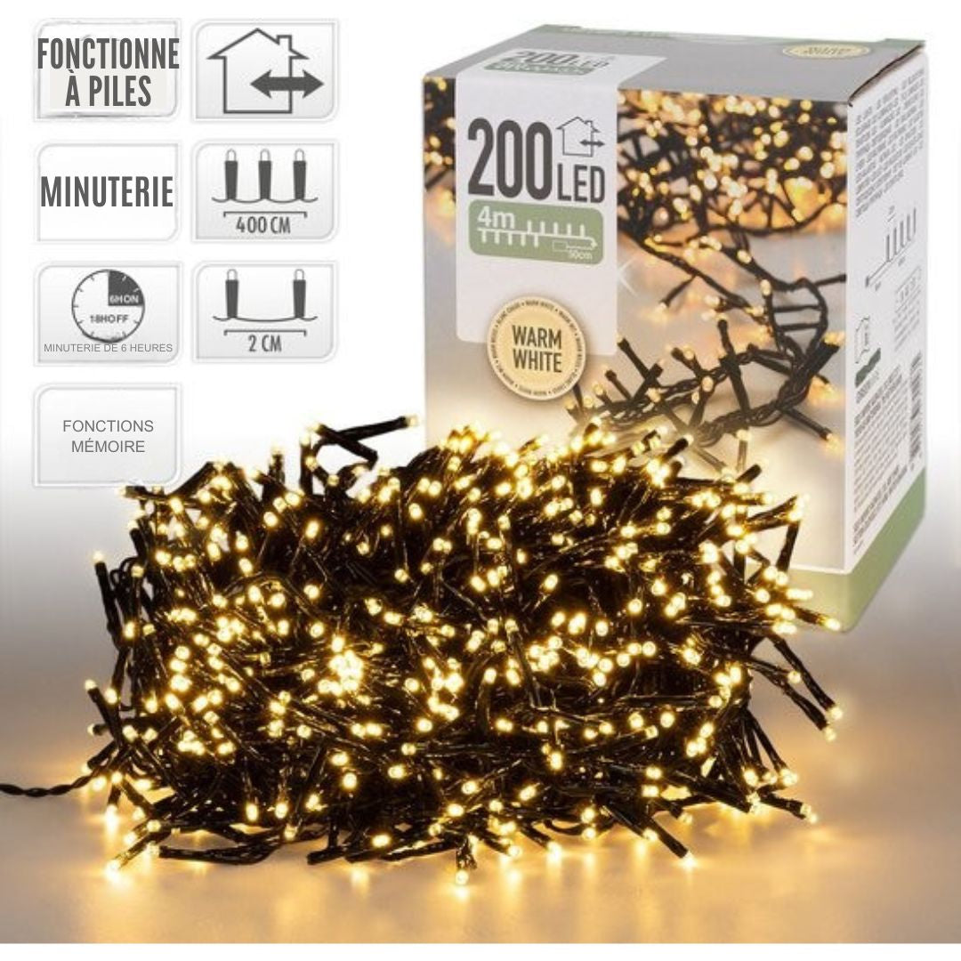 Guirlande - Merkloos - 200 led - 4m - Alimentation par piles - 8 fonctions d'éclairage - Blanc chaud