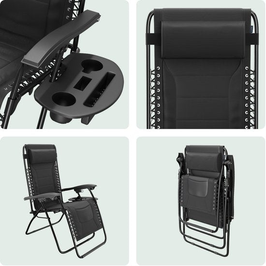 LifeGoods - Lot de 2 chaises longues - 30°-90° réglable - 150 kg max - Support pour gobelets et téléphone - Noir