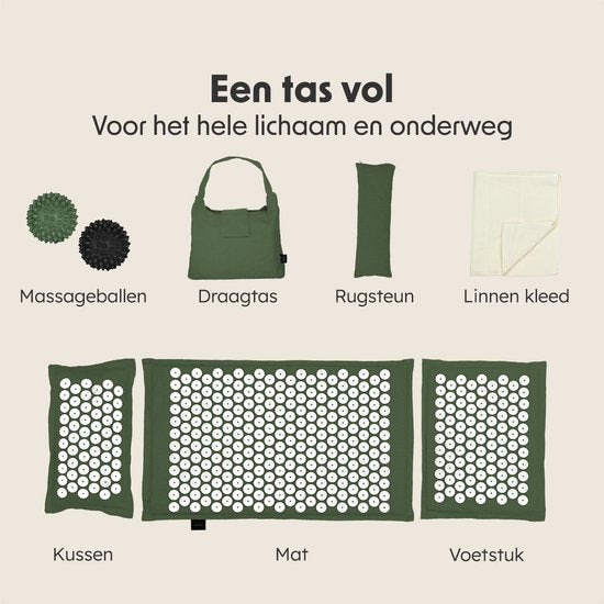 LifeGoods Acupressure Mat Eco - Set complet - oreiller / sac de transport / 2x Trigger Point Ball - Shakti mat - Nail Mat - 72x43x2cm - Vert/Blanc