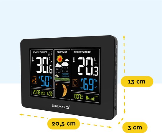 BRASQ Station météo intérieure et extérieure sans fil - Hygromètre - Humidimètre - Avec capteur extérieur jusqu'à 60 mètres - Thermomètre - Baromètre - piles incluses