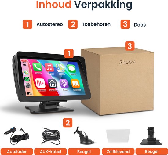 Skoov Écran Carplay - Sans fil - Avec caméra de recul - Installation facile - Pour voiture Apple & Android - Noir