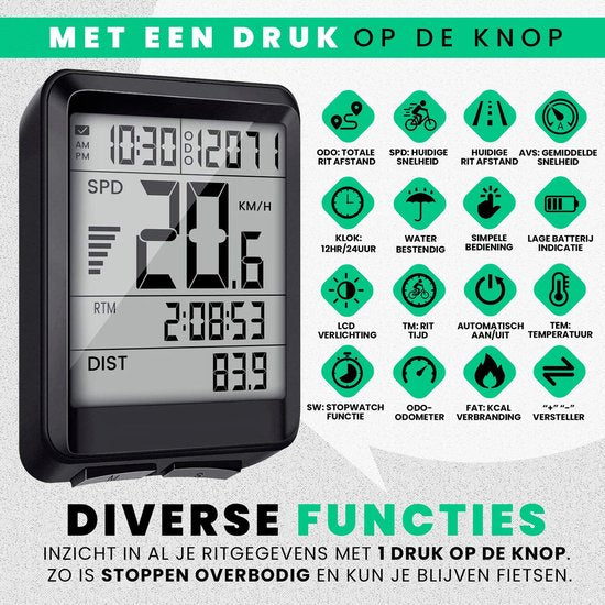 Strex Wireless Bike Computer - 17 Functions - Extra Large Screen - Wireless Bike Computer Wireless Waterproof - NL Manual