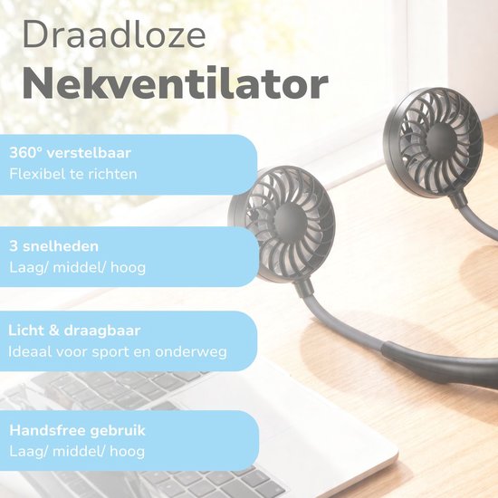 Ventilateur de cou portable Lifetime Air - Mini ventilateur mains libres à 3 niveaux et réglable à 360° - Noir
