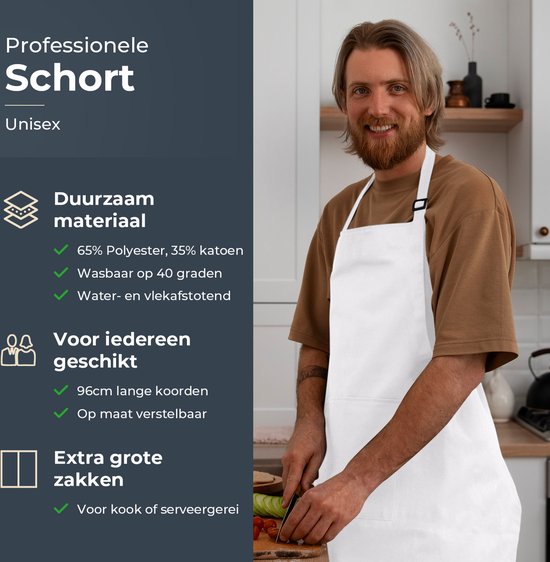 Tablier de cuisine - Résistant à l'eau et à la saleté - Tablier de cuisine professionnel - Tablier pour femmes et hommes - Tablier de traiteur - Unisexe - Boucle réglable - Compartiments extra-larges - Blanc