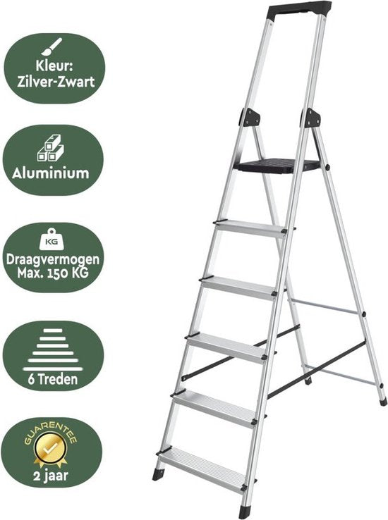 BRASQ Échelle ménagère 6 marches argent - Échelle de cuisine pliable en aluminium pour usage privé et professionnel - Échelle d'escalier - Antidérapant