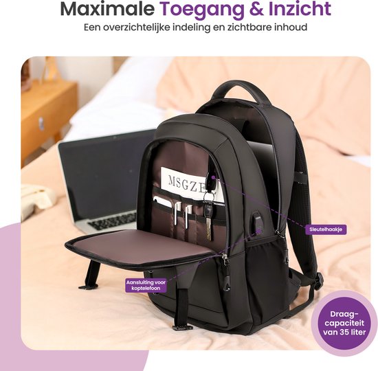 Gofun Backpack - 35L - 15.6-inch - Résistant à l'eau et antivol - Connecteur USB - Sac à dos - Cartable - Sacoche pour ordinateur portable - Noir