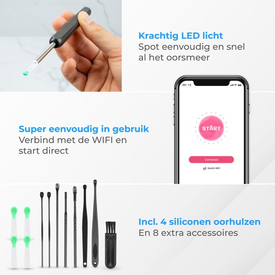 Nuvance - Extracteur de cérumen avec application caméra - Nettoyeur d'oreilles - Set de nettoyage d'oreilles - Pulvérisateur d'oreilles - Earscratcher - Set de nettoyage inclus