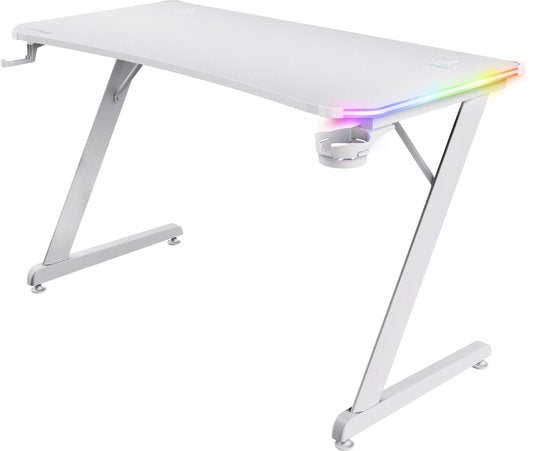 Trust GXT 709W Luminus Gaming Desk - Eclairage RGB - Porte-gobelet - Porte-casque - Blanc