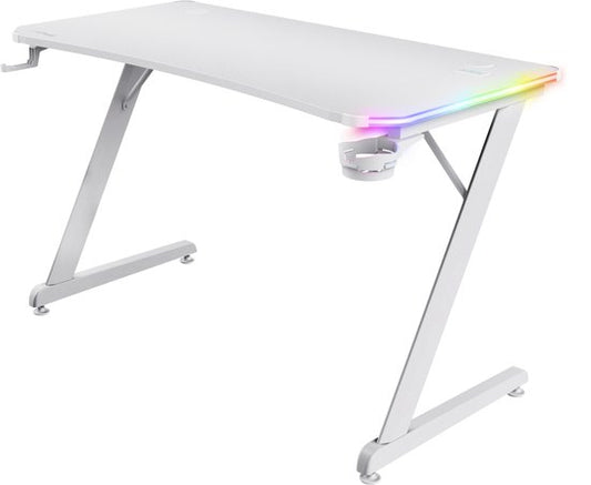 Trust GXT 709W Luminus Gaming Desk - Eclairage RGB - Porte-gobelet - Porte-casque - Blanc