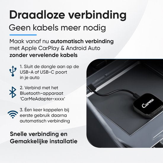 CarMe Premium 2-in-1 CarPlay Dongle - Wireless CarPlay & Android Auto - USB-A & USB-C - Android Auto Dongle - Noir