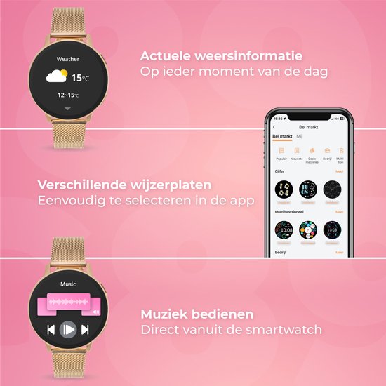 Nuvance Smartwatch Ladies - avec bracelet en acier inoxydable et en silicone - mesure le sport, le sommeil et le corps - or rose