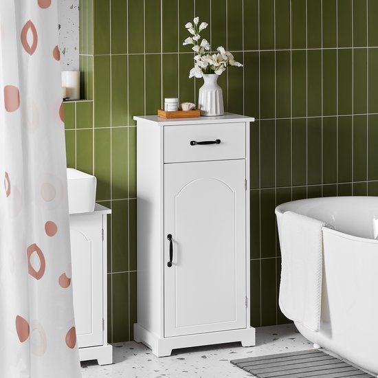 SoBuy Meuble de salle de bain, petit meuble de rangement avec tiroir, colonne de salle de bain en bois, meuble de toilette, résistant à l'humidité, blanc, 42 x 30 x 93 cm, BZR207-W