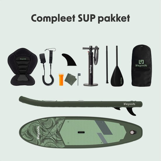 LifeGoods SUP Board All-round Compact - avec siège - capacité de charge de 100 KG - 300 x 76 cm - gonflable - SUP Package complet - Vert/Léger Vert