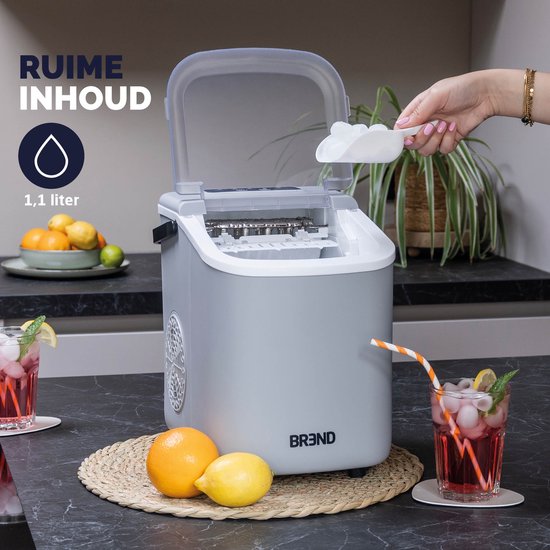 BREND BR-2213 Machine à glaçons avec cuillère et plateau d'égouttage - Grands L ou petits S glaçons - Machine à glaçons portable - 10 kg en 24 heures - Gris