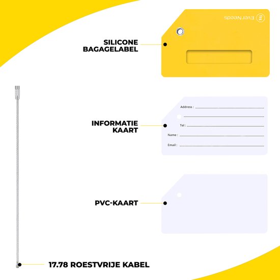EverNeeds Etiquette de bagage - Silicone - Etiquette de bagage pour valises - Etiquettes de bagage - Jaune - 5 pièces