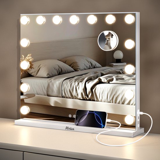 Mirlux Hollywood Mirror 58x48CM - Port de charge USB & USB-C - Zoom 10x - 3 modes de lumière dimmable - Miroir de maquillage - Eclairage LED - Suspendable - Blanc