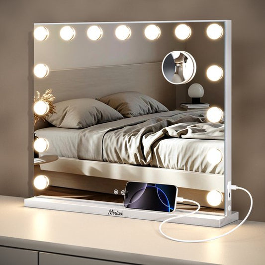 Mirlux Hollywood Mirror 58x48CM - Port de charge USB & USB-C - Zoom 10x - 3 modes de lumière dimmable - Miroir de maquillage - Eclairage LED - Suspendable - Blanc