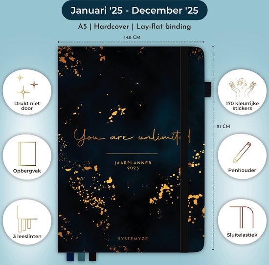 Systemyze Agenda 2025 Adultes - Planificateur - Journal - Organiseur - Feuilles d'autocollants incluses - Format A5 - Bleu