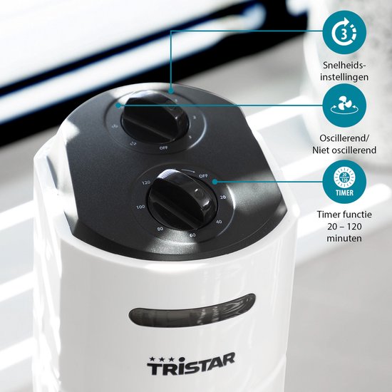Ventilateur de tour 79 cm - 3 vitesses - Fonction minuterie - Oscillant - Silencieux et compact - Tristar VE-5806 - Blanc